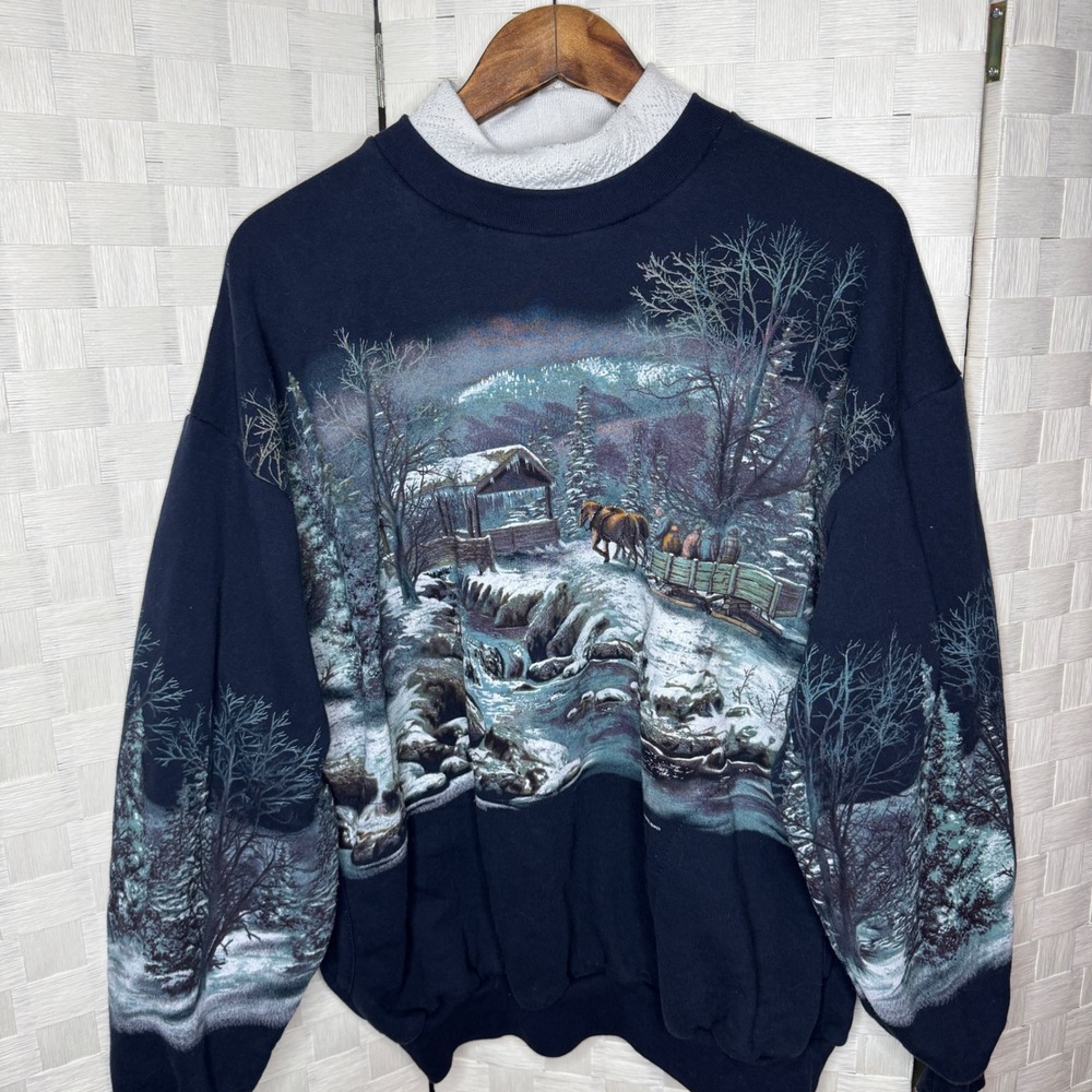 Vintage Art Unlimited Winter Horse Sceec All Over Print Mock Neck Sweatshirt XL - Picture 2 of 6